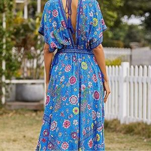 Boho Floral Bird Gypsy Maxi Dress - Medium